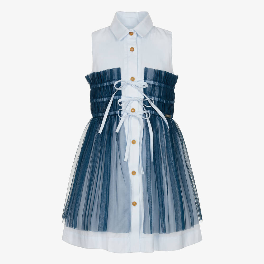 Jessie and James London - Girls Blue Ruched & Tie-Waisted Dress | Childrensalon