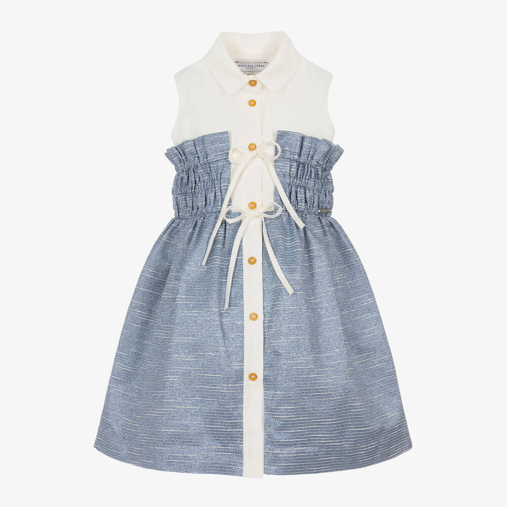 Shop Jessie And James London Girls Blue Ruched & Tie-waisted Dress