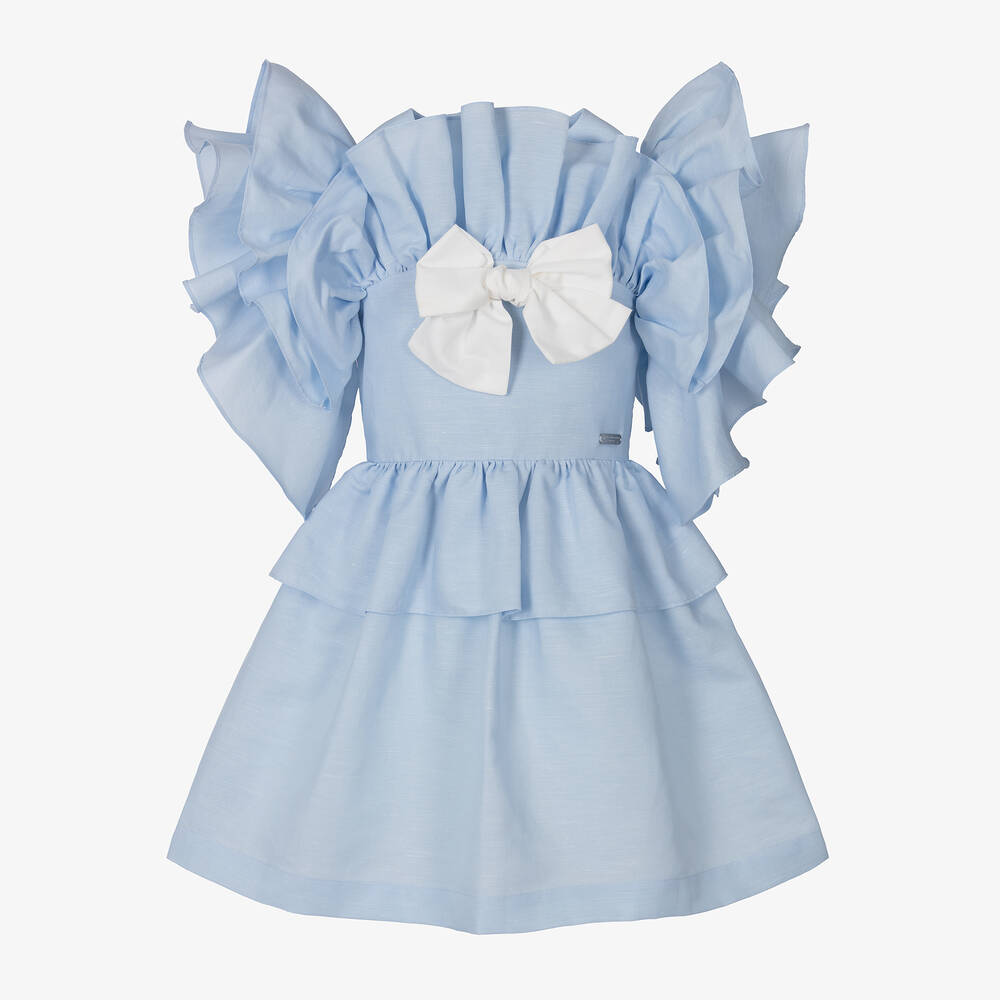 Jessie And James London Babies'  Girls Blue Ruffled Bow Dress