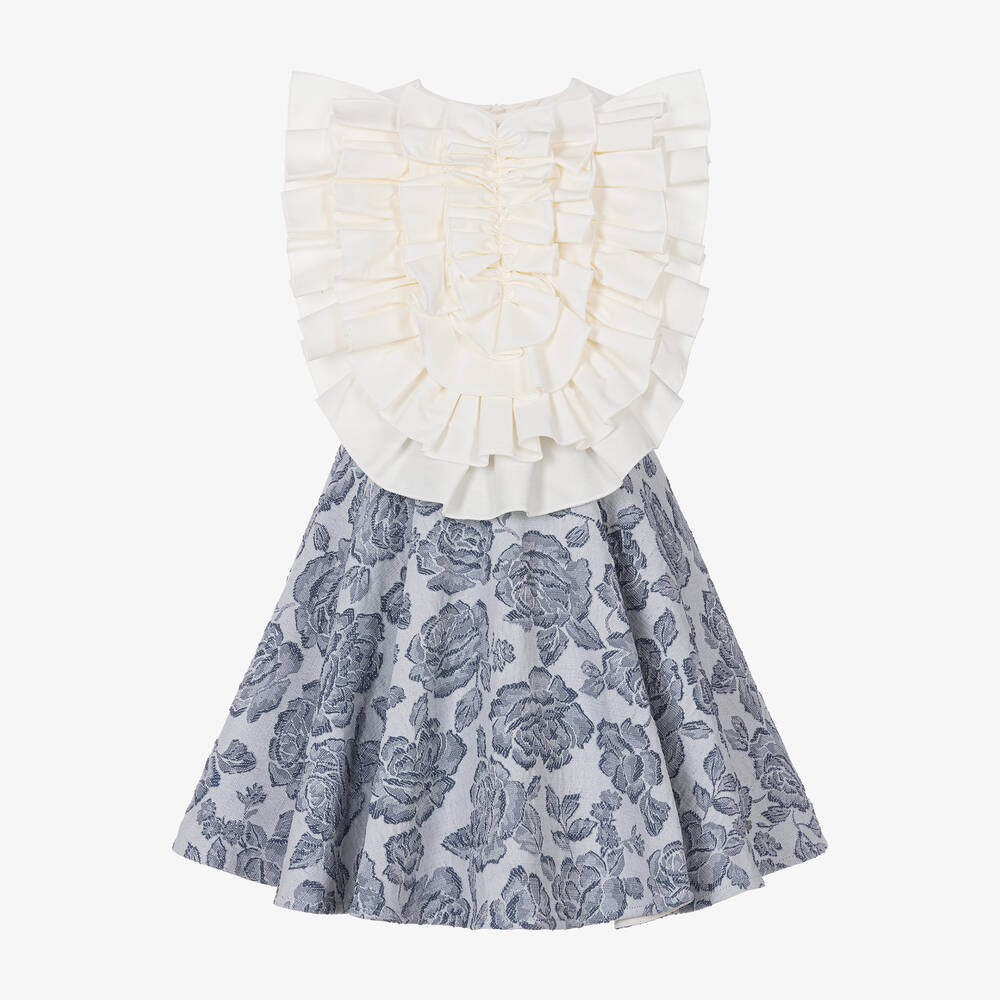 Jessie and James London - Girls Ivory & Blue Floral Cotton Dress | Childrensalon