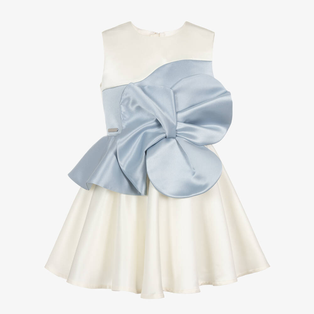 Jessie and James London - Girls Ivory & Blue Flower Satin Dress | Childrensalon