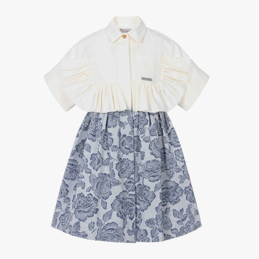 Jessie And James London Babies'  Girls Ivory Cotton & Blue Jacquard Dress