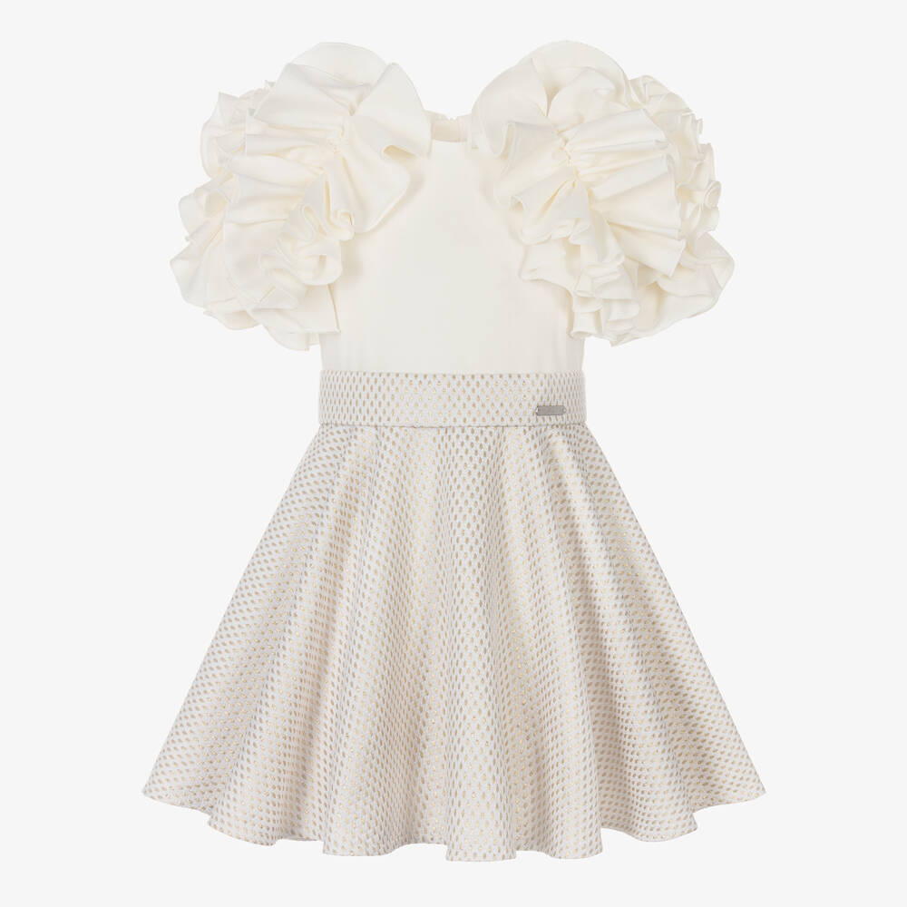Jessie and James London - Girls Ivory Cotton Dot Jacquard Dress | Childrensalon