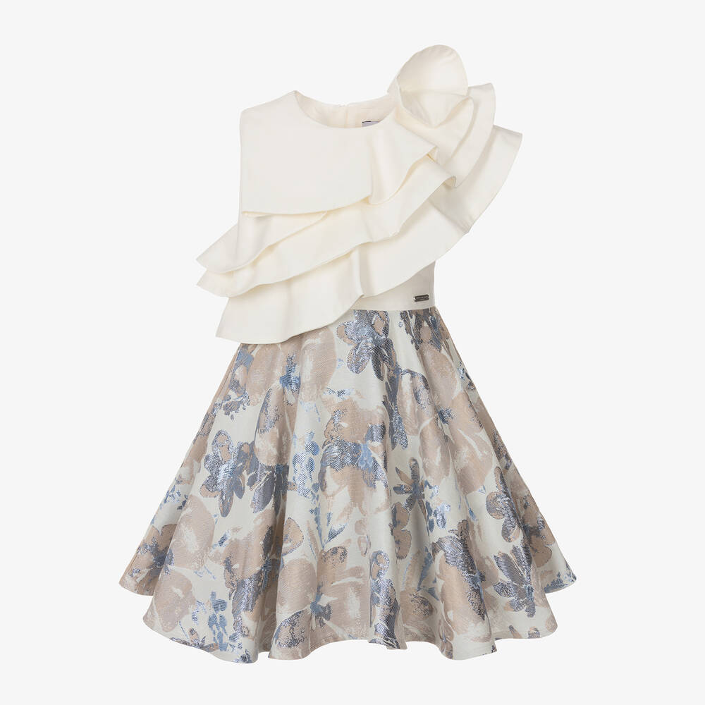 Jessie And James London Kids'  Girls Ivory Cotton Floral Jacquard Dress In Blue