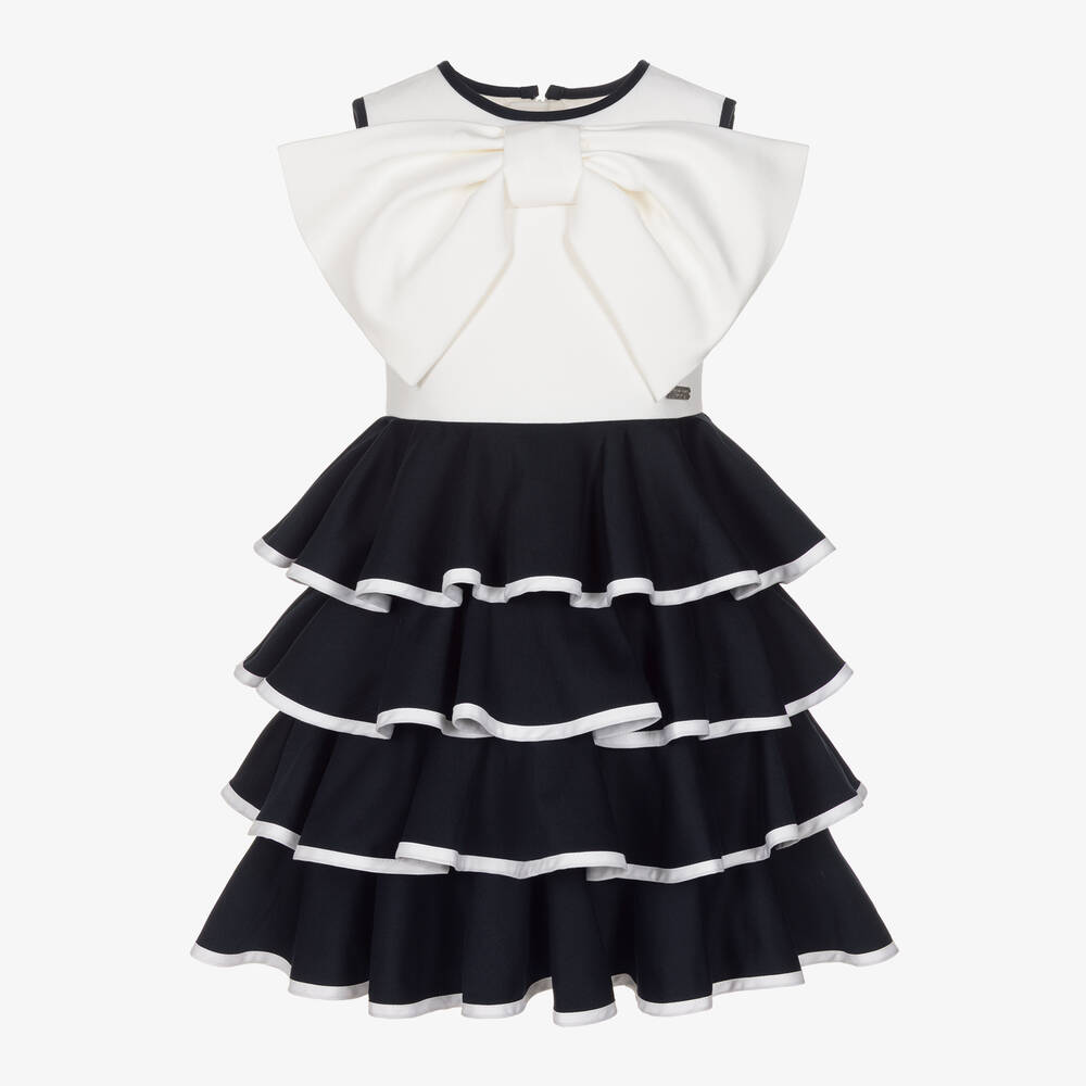 Jessie And James London Babies'  Girls Ivory & Navy Blue Cotton Bow Dress