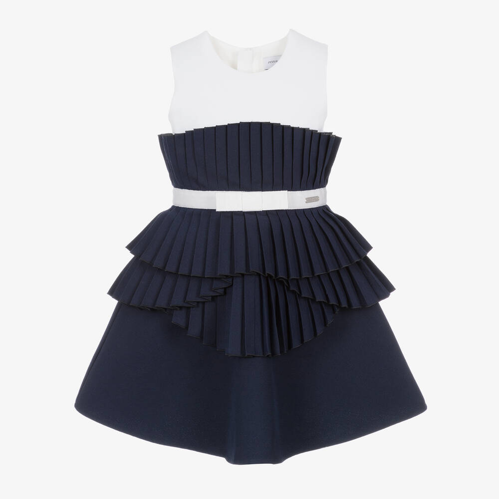 Jessie And James London Kids'  Girls Ivory & Navy Blue Pleated Dress In Gray
