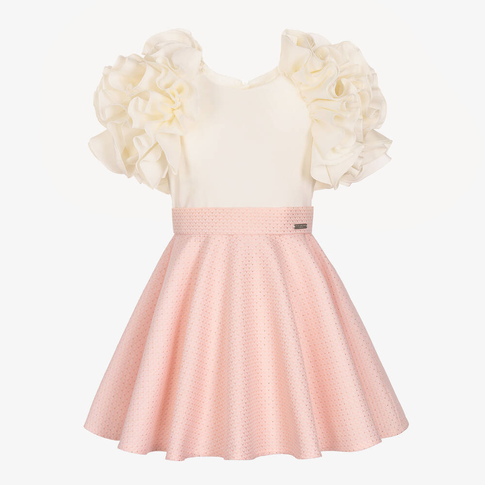 Jessie and James London - Girls Ivory & Pink Jacquard Dress | Childrensalon