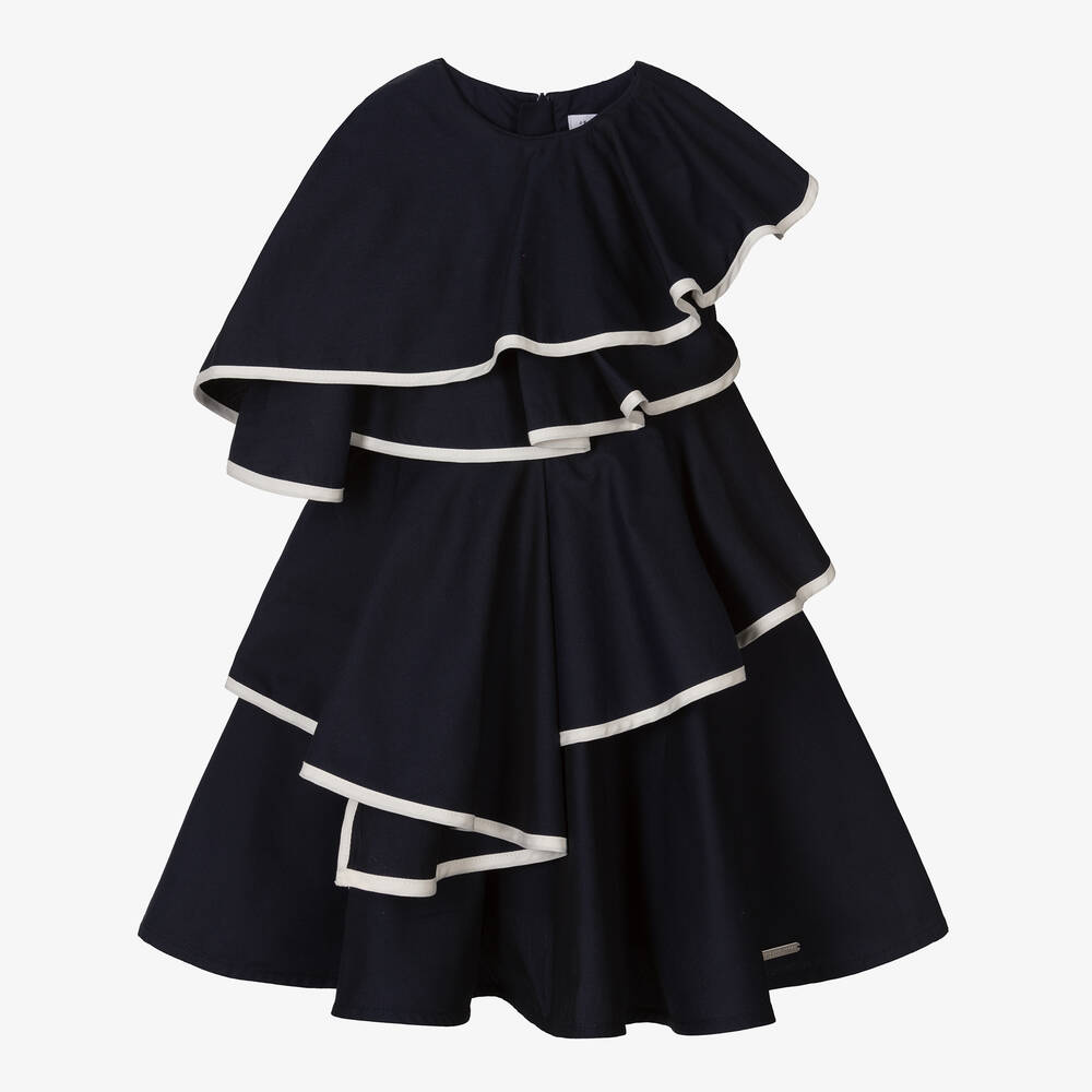 Jessie and James London - Синее асимметричное платье с рюшами для девочек | Childrensalon
