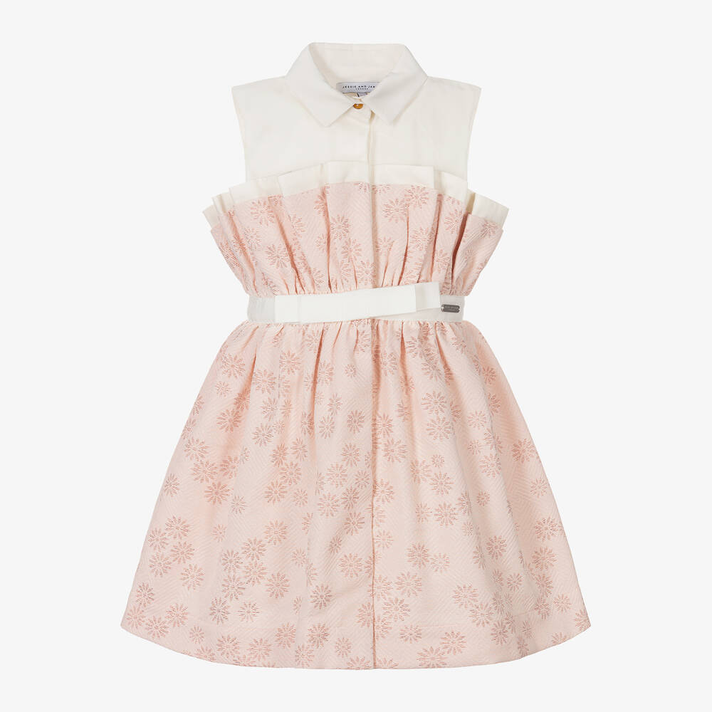 Jessie and James London - Girls Pink Cotton Floral Jacquard Dress | Childrensalon