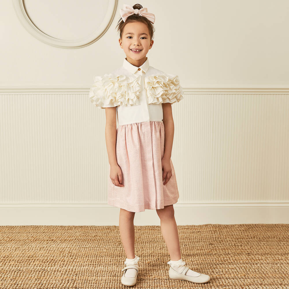 Jessie and James London-Girls Pink Cotton Lurex Striped Dress | Childrensalon