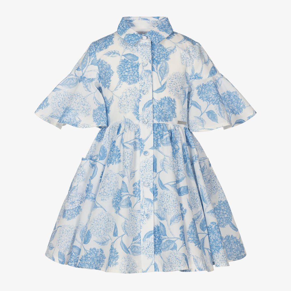 Jessie and James London - Girls White & Blue Floral Cotton Dress | Childrensalon