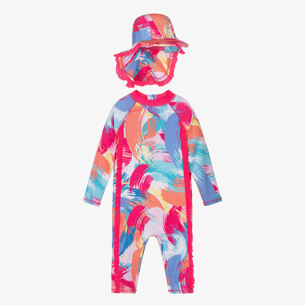 Joyday - Girls Pink Brush Strokes Sun Suit Set (UPF50+) | Childrensalon