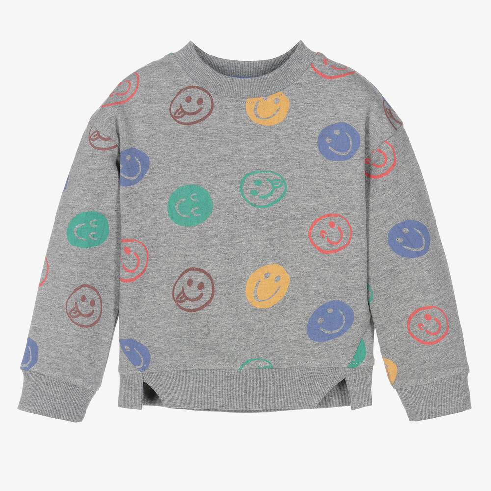 Joyday - Grey Marl Cotton Happy Faces Sweatshirt | Childrensalon