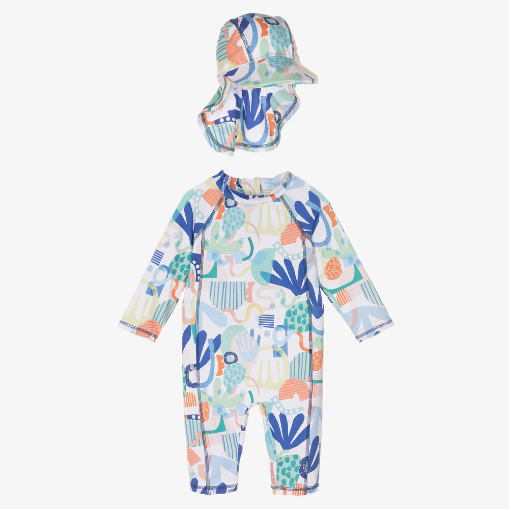 Joyday - White & Blue Sun Suit & Hat Set (UPF50+) | Childrensalon