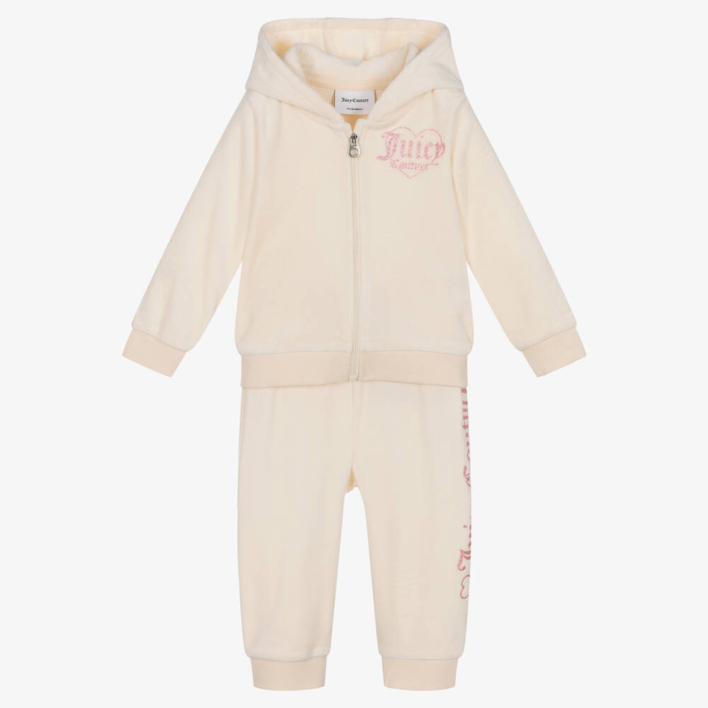 Juicy Couture - Girls Ivory & Pink Velour Tracksuit | Childrensalon