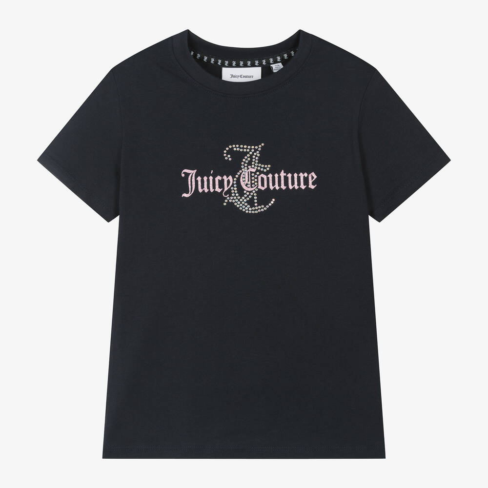 Juicy Couture - Girls Navy Blue Cotton Diamanté T-Shirt | Childrensalon