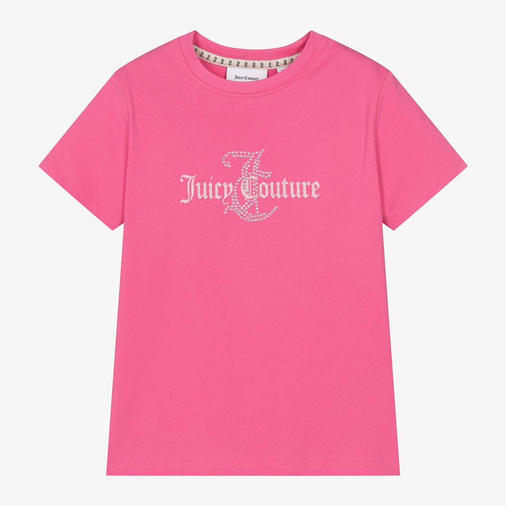 Juicy Couture - Girls Pink Cotton Diamanté T-Shirt | Childrensalon