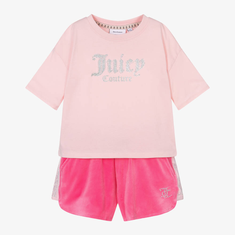 Juicy Couture - طقم شورت قطن وقطيفة لون زهري للبنات | Childrensalon