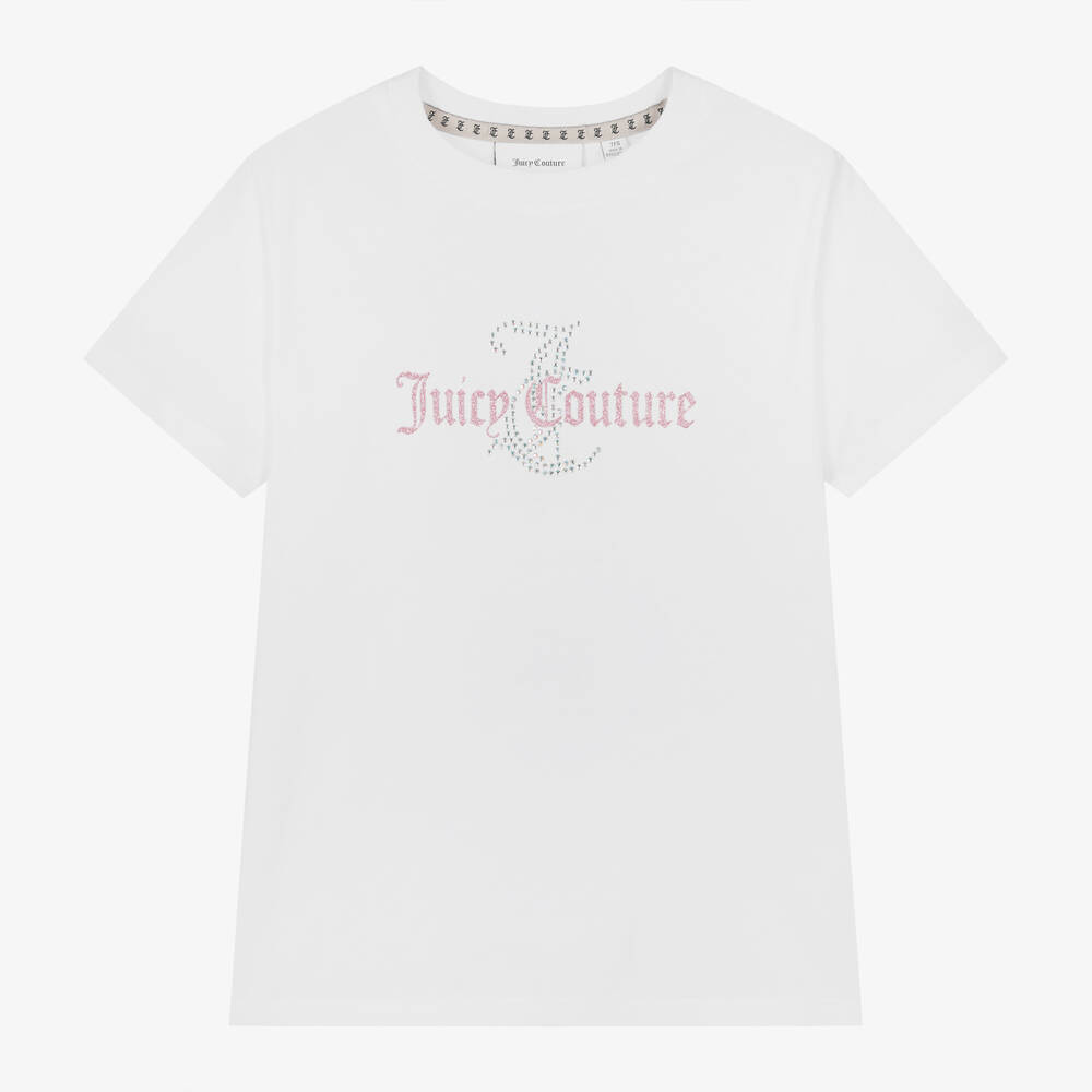 Juicy Couture - Girls White Cotton Diamanté T-Shirt | Childrensalon