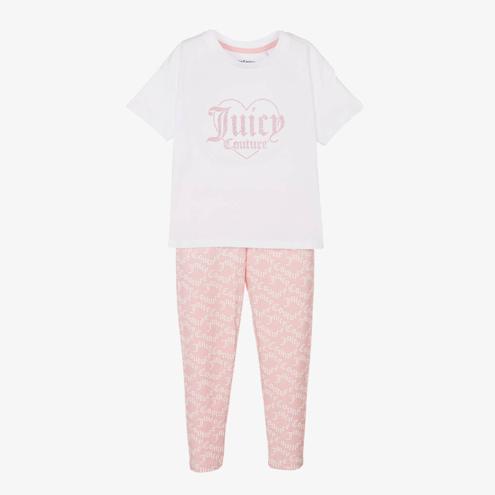 Juicy Couture - Girls White & Pink Cotton Leggings Set | Childrensalon