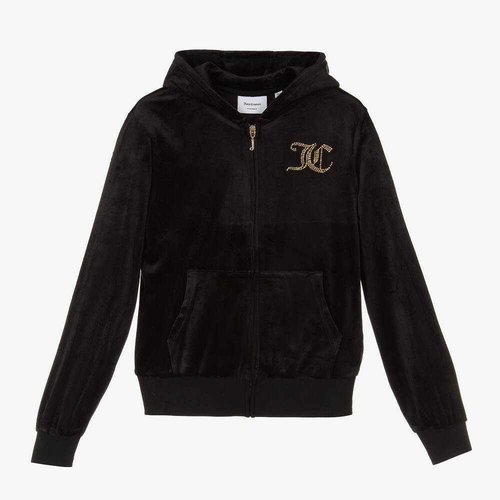 Juicy Couture - توب هودي بسحّاب قطيفة مزين بديامنتي لون أسود | Childrensalon