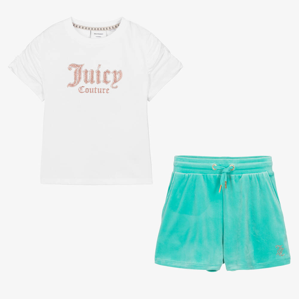 Juicy Couture - طقم شورت قطن وقطيفة لون أخضر وأبيض للمراهقات | Childrensalon