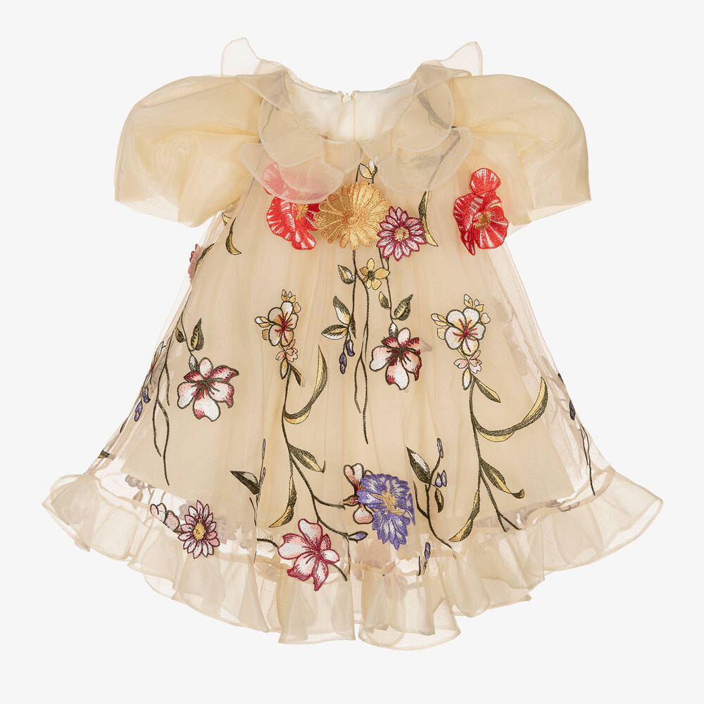 Junona - Baby Girls Beige Floral Tulle Dress | Childrensalon