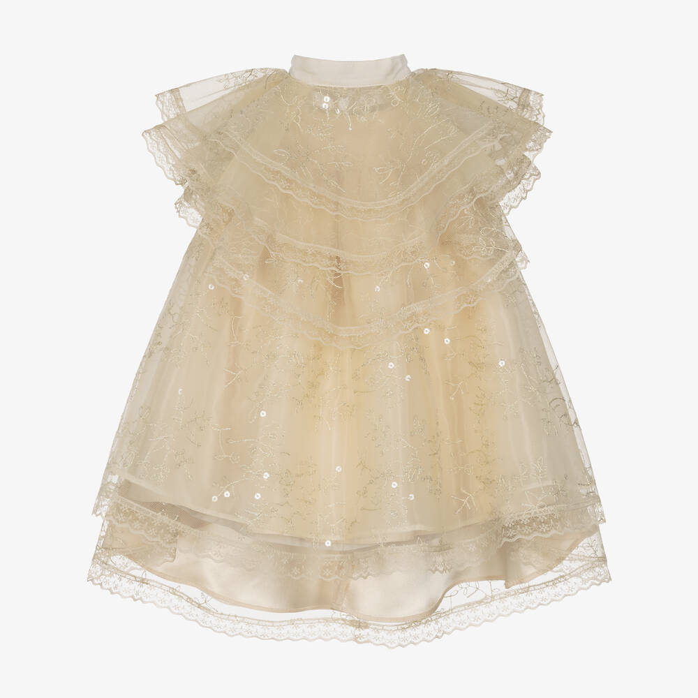 Junona - Baby Girls Ivory Embroidered Tulle Dress | Childrensalon