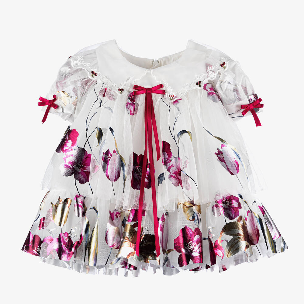 Junona - Baby Girls White Floral Tulle Dress | Childrensalon