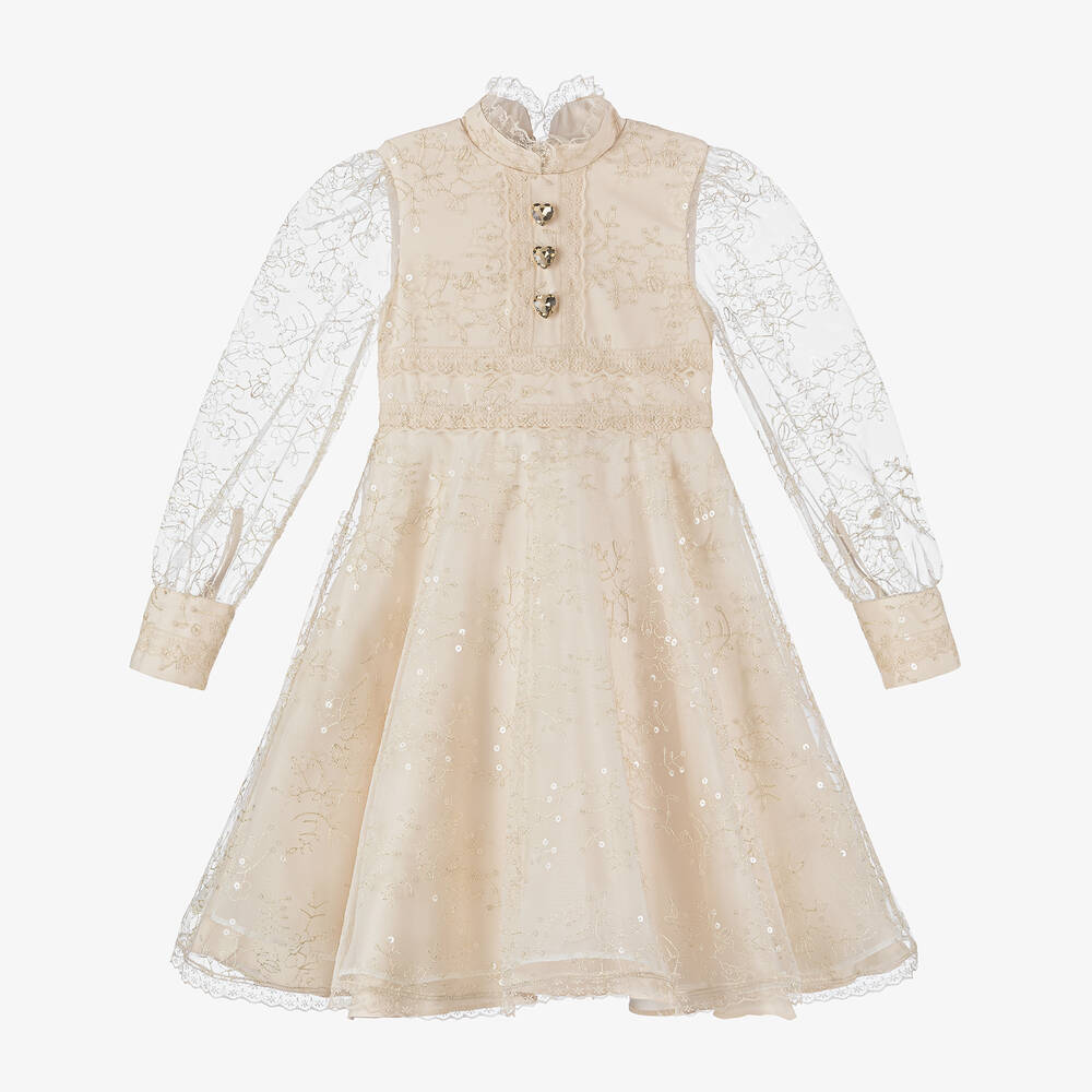 Junona - Girls Beige Embroidered Tulle Dress | Childrensalon