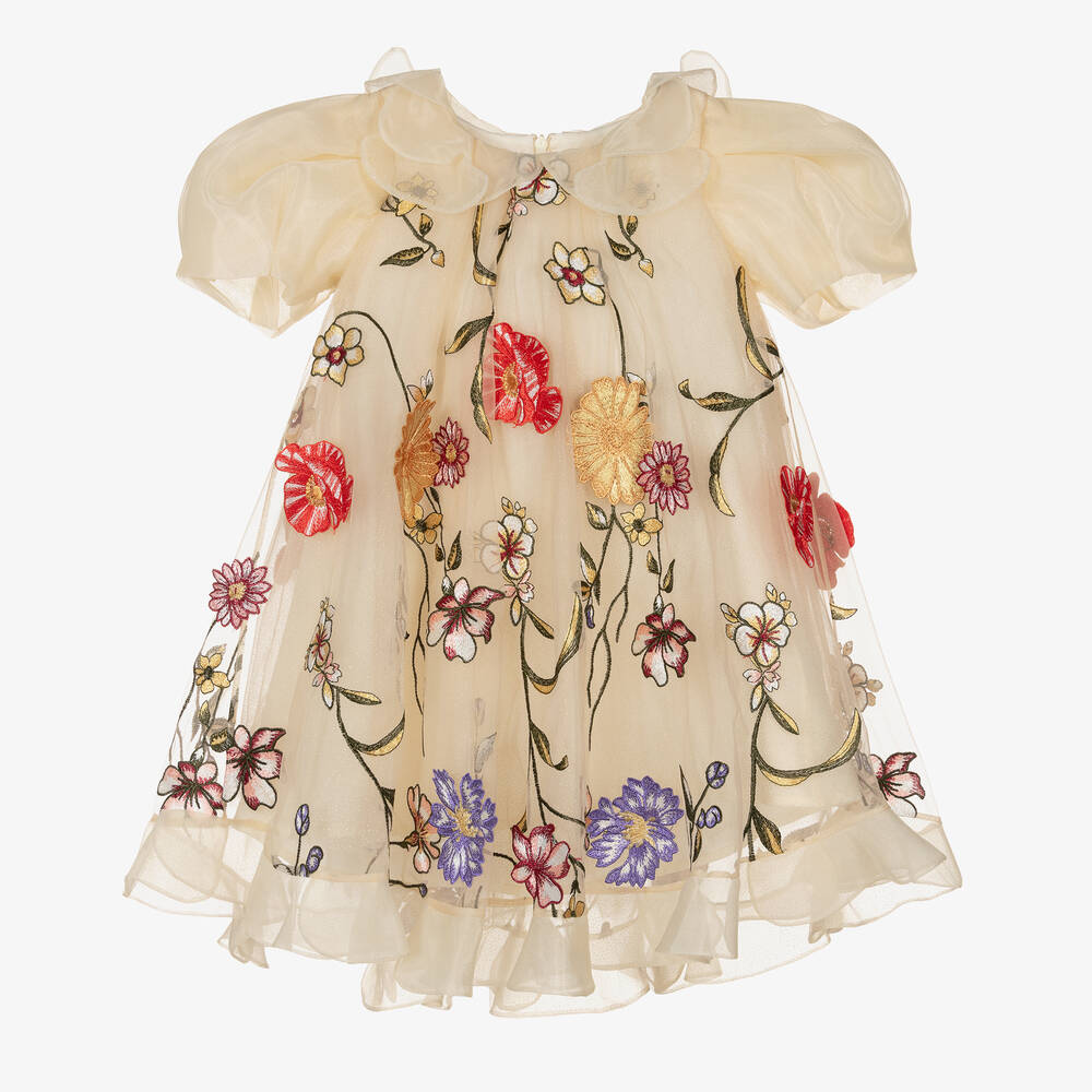 Junona - Girls Beige Floral Tulle Dress | Childrensalon