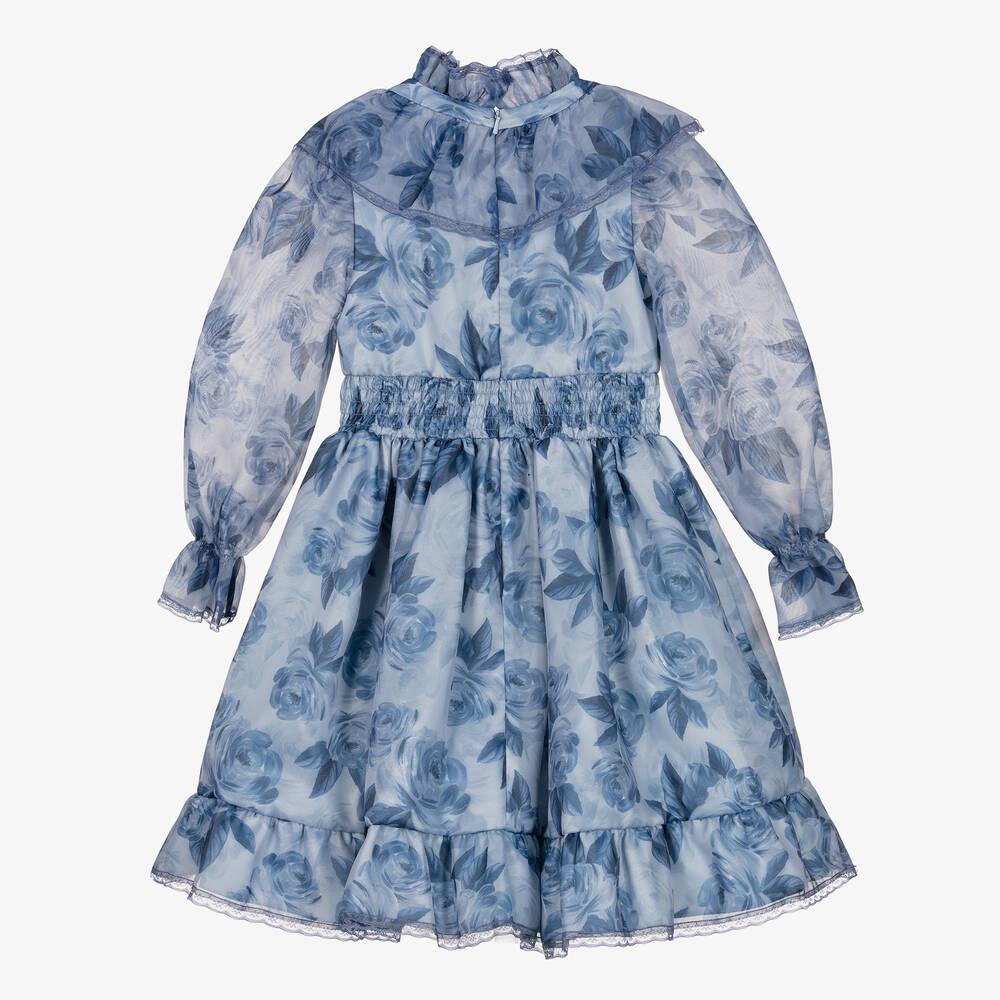 Junona - Girls Blue Floral Organza & Lace Dress | Childrensalon