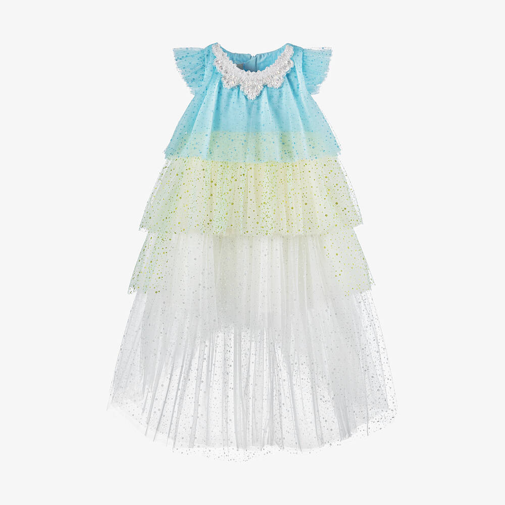 Junona - Голубое платье с каскадом рюшей, блестками и эффектом омбре | Childrensalon