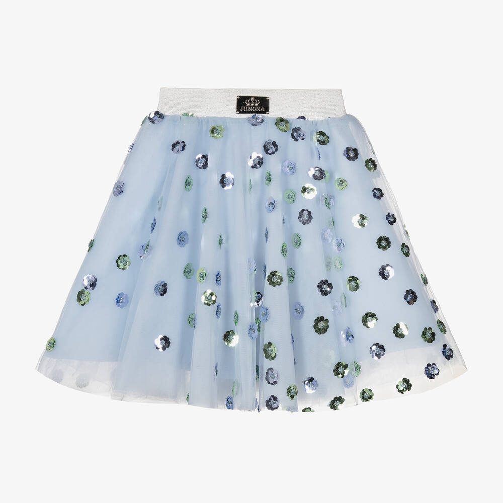 Junona - Girls Blue Tulle & Sequin Flower Skirt | Childrensalon