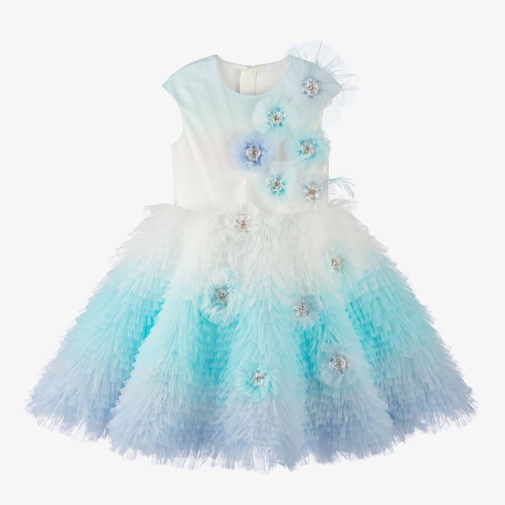 Junona - Girls Blue & White Tulle Dress | Childrensalon