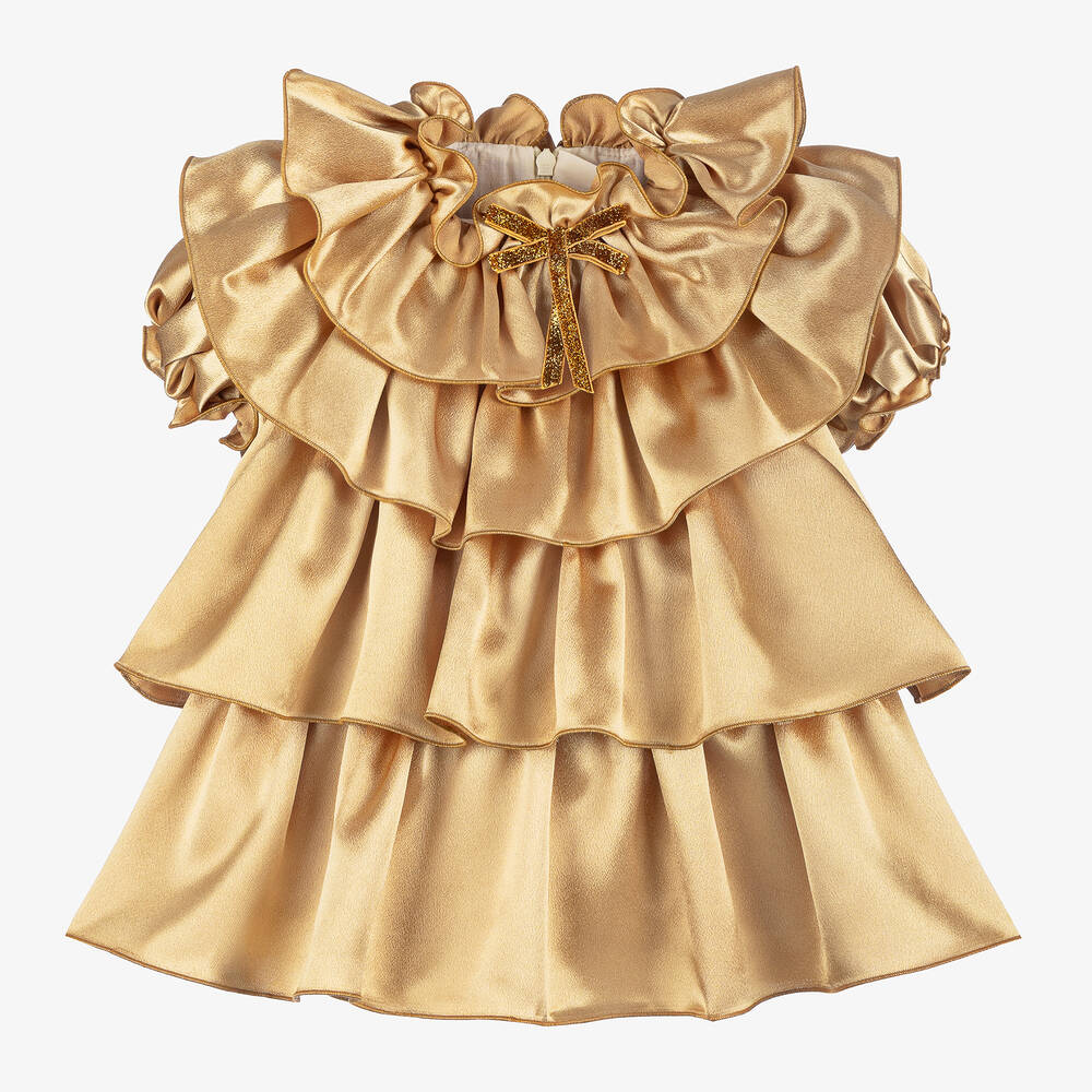 Junona - Girls Gold Satin Ruffle Dress | Childrensalon