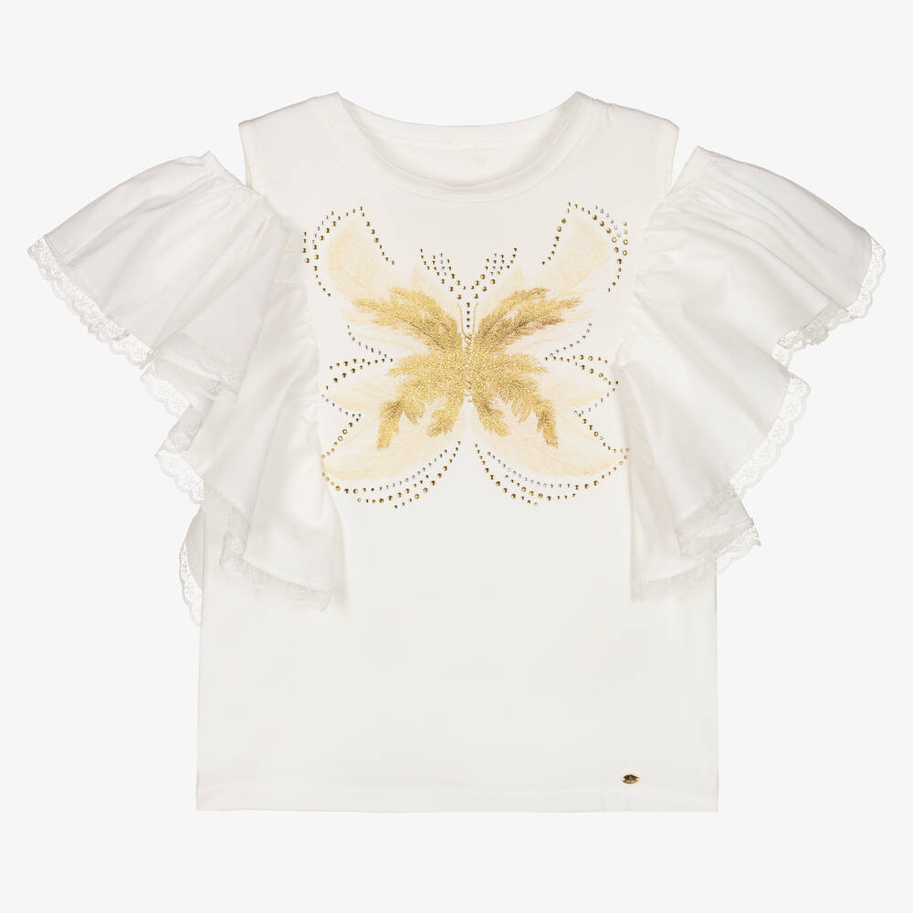 Junona - Girls Ivory Butterfly Print T-Shirt | Childrensalon