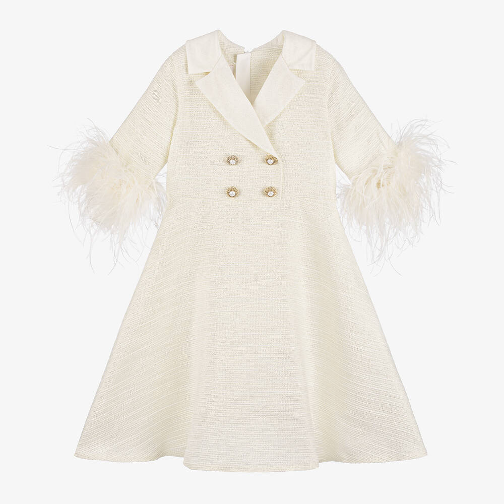 Junona - Girls Ivory Feather Coat Dress | Childrensalon