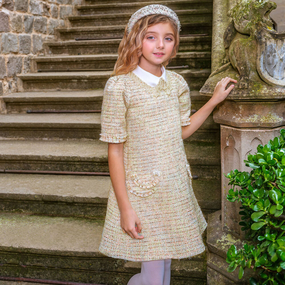 Junona - Girls Ivory Glitter Tweed Dress | Childrensalon
