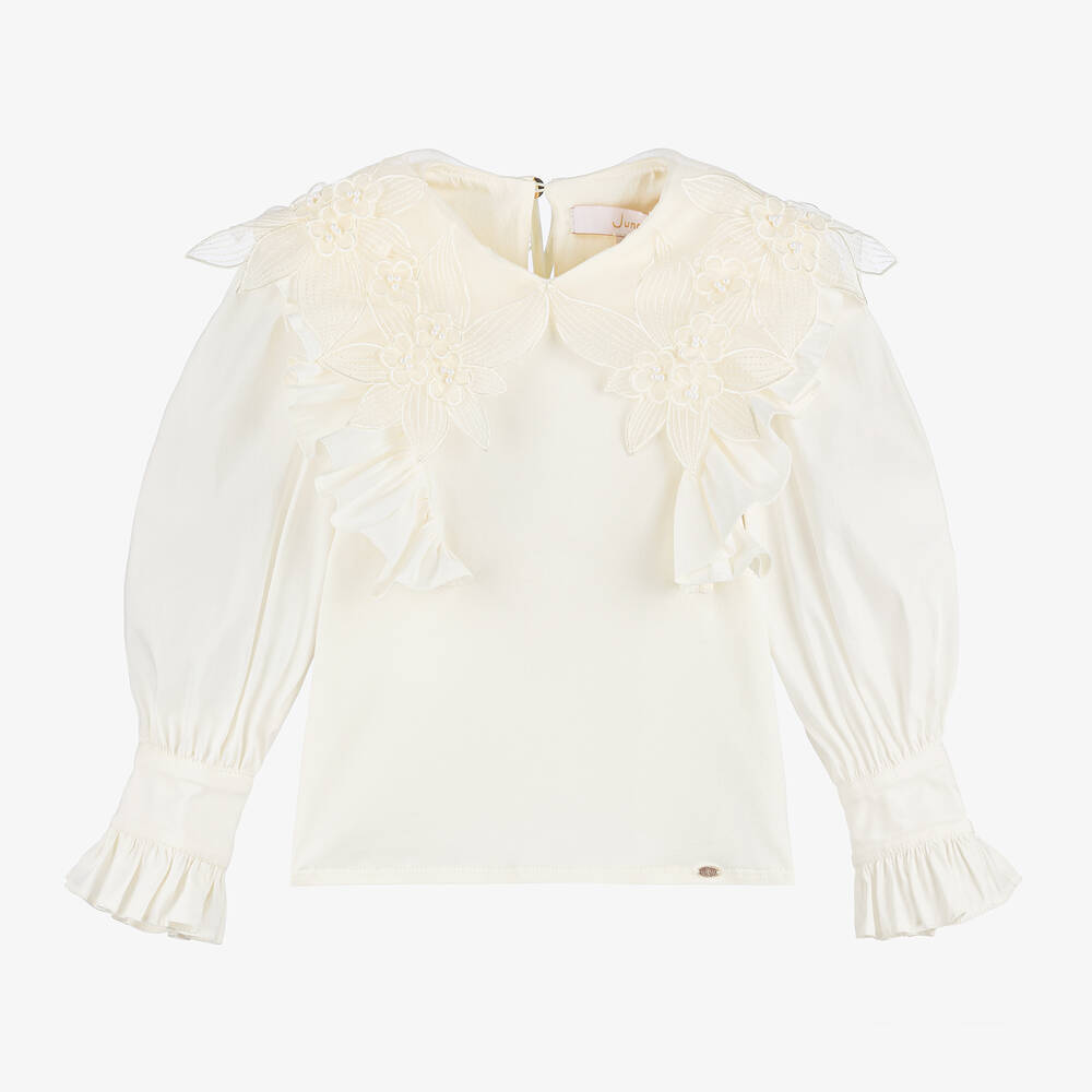 Junona - Girls Ivory Organza Collar Blouse | Childrensalon