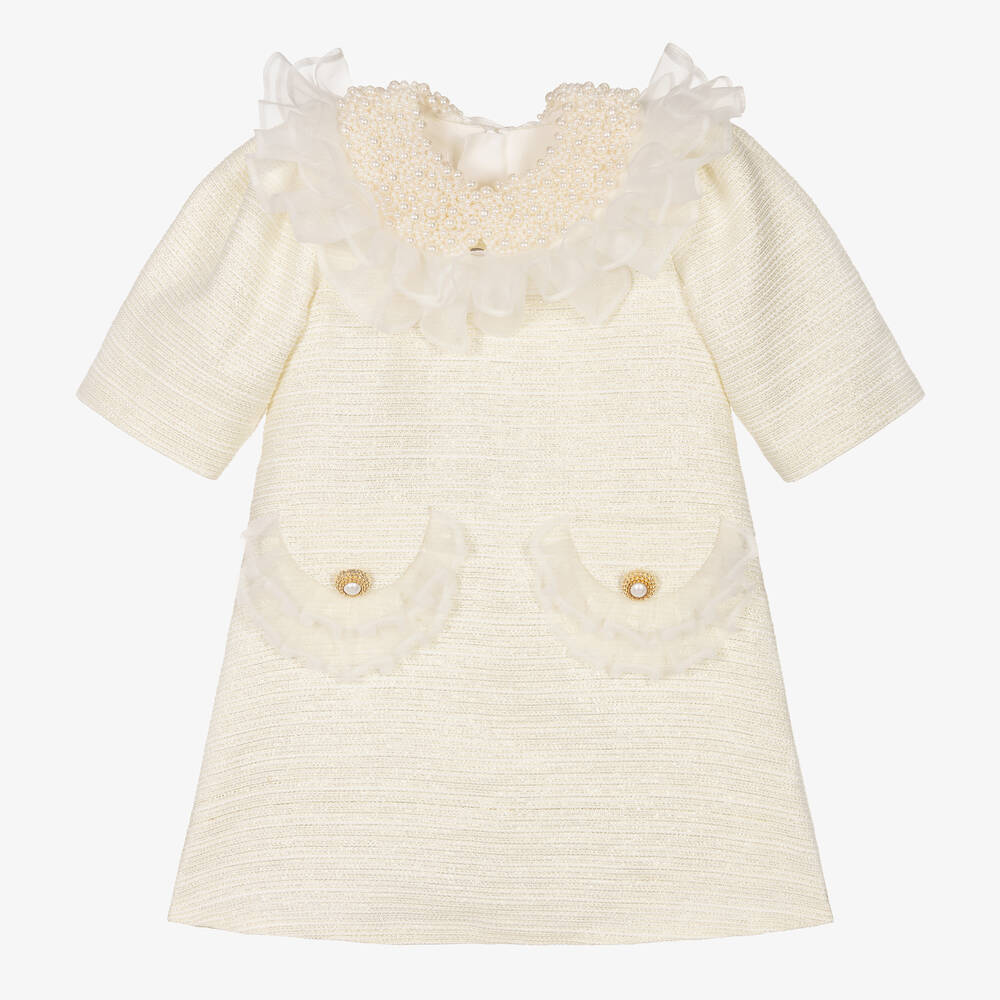 Junona - Girls Ivory Tweed & Pearl Collar Dress | Childrensalon