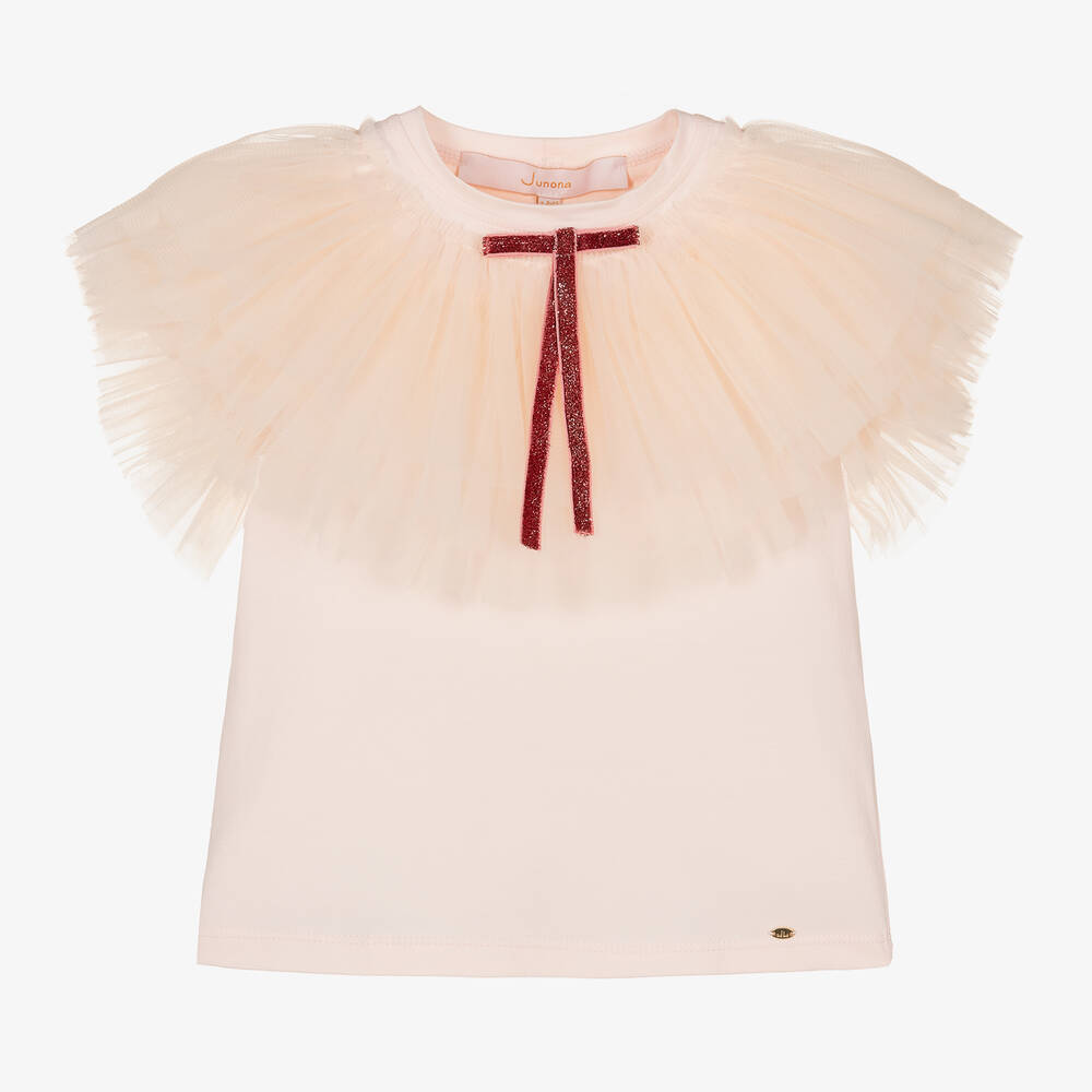 Junona - Розовая футболка из хлопка и тюля для девочек | Childrensalon