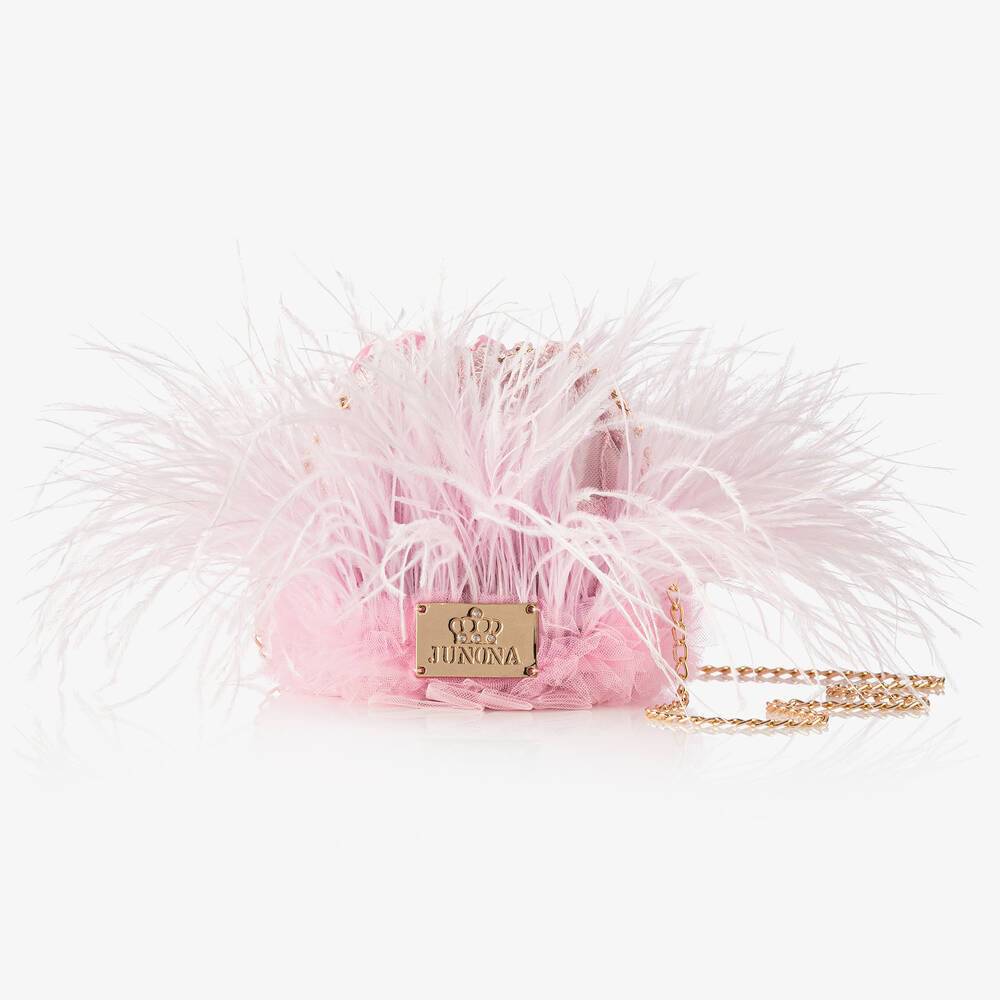 Junona - Girls Pink Feather Drawstring Bag (12cm) | Childrensalon