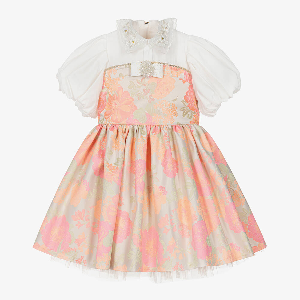 Junona - Girls Pink Floral Jacquard Dress | Childrensalon