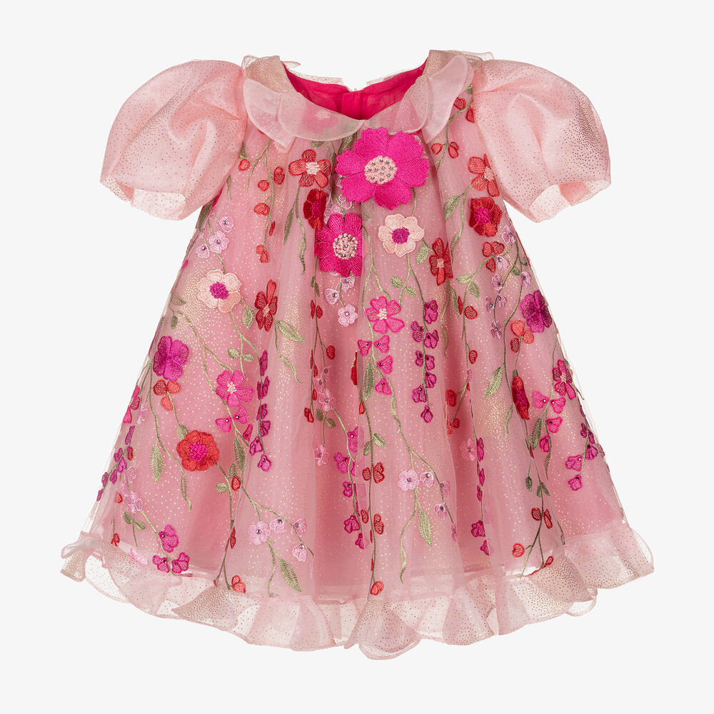 Junona - Girls Pink Floral Tulle Dress | Childrensalon