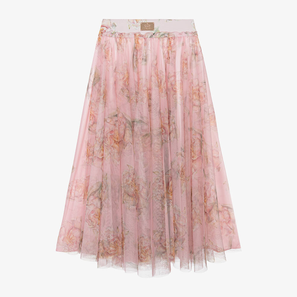 Junona - Girls Pink Floral Tulle Maxi Skirt | Childrensalon