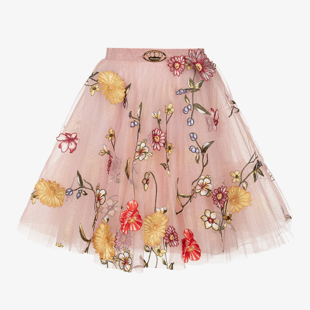 Junona - Girls Pink Floral Tulle Skirt | Childrensalon