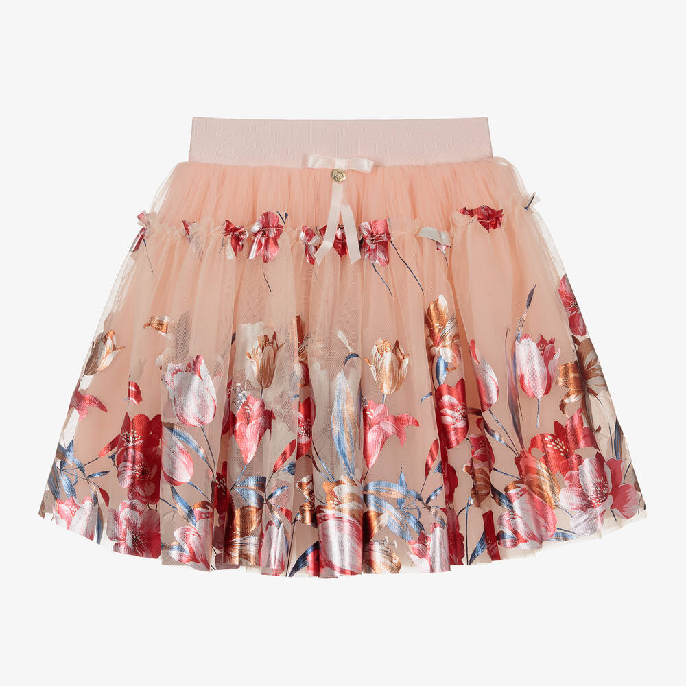 Junona - Girls Pink Foil Floral Tulle Skirt | Childrensalon