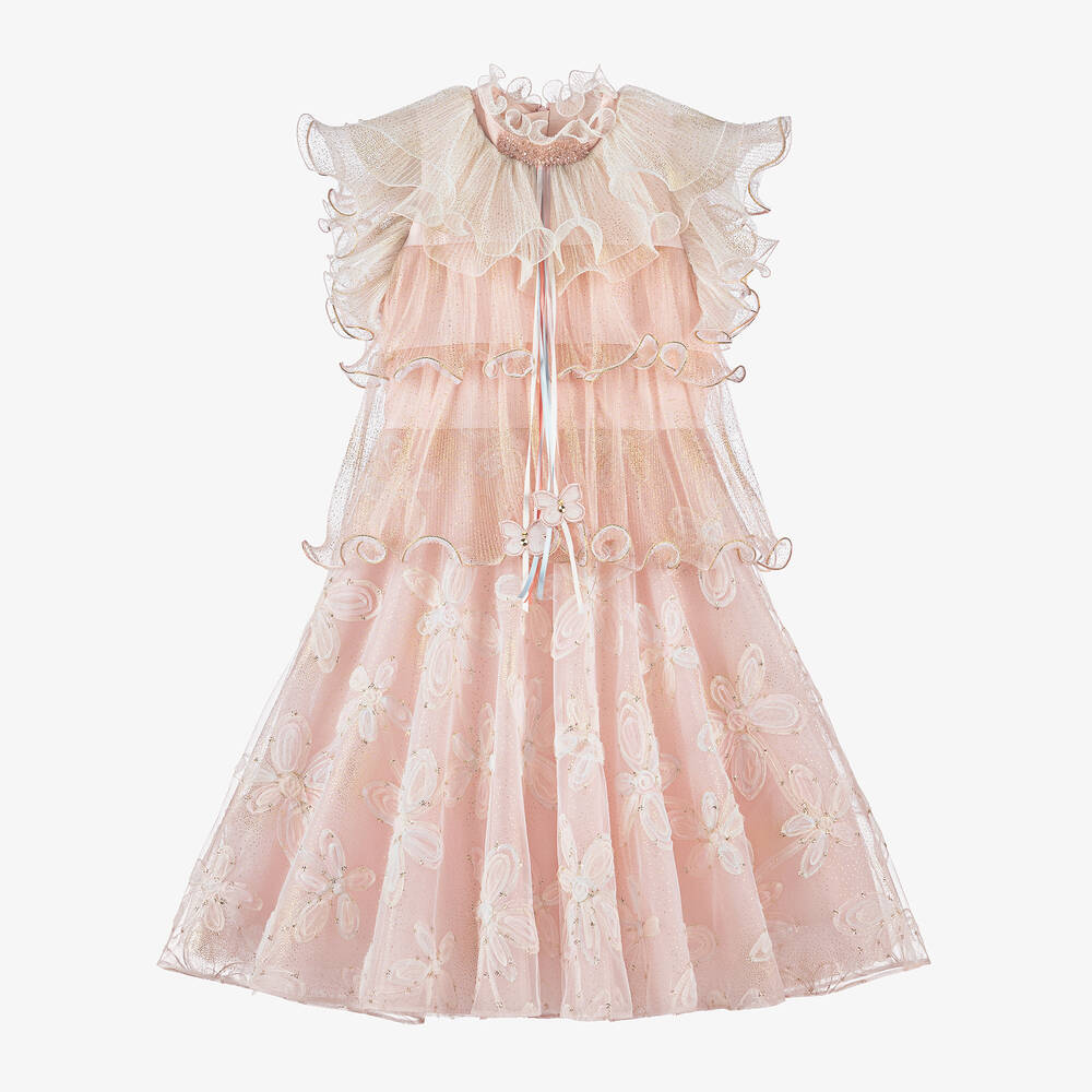 Junona - Girls Pink Glittery Floral Tulle Dress | Childrensalon