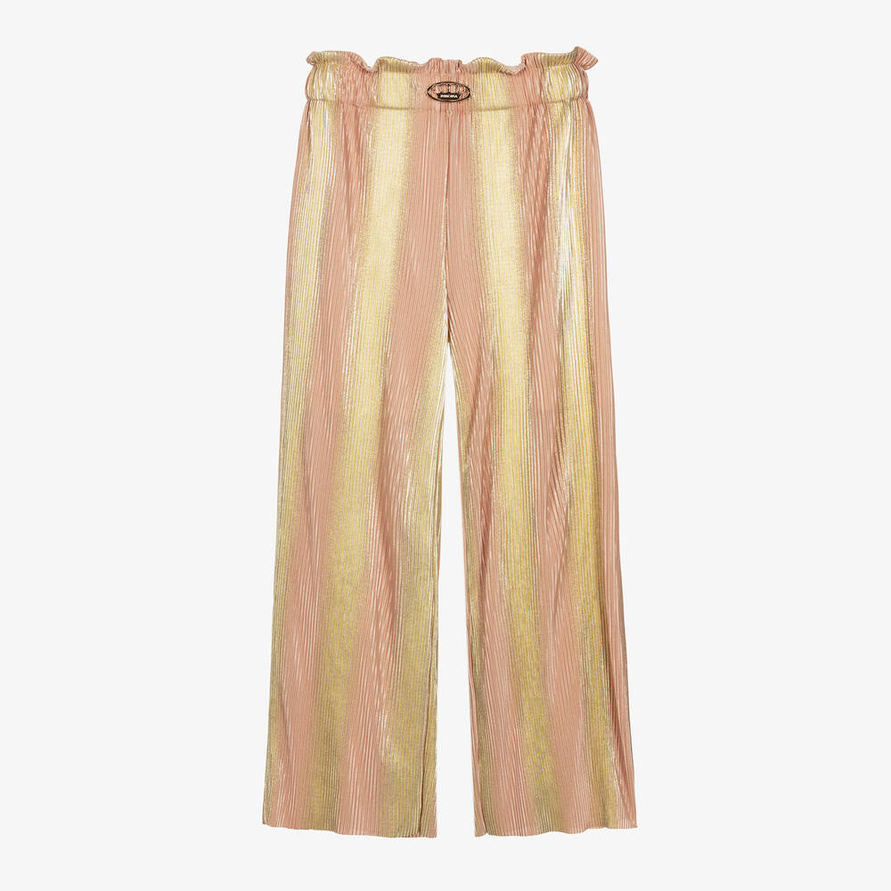 Junona - Girls Pink & Gold Plissé Trousers | Childrensalon